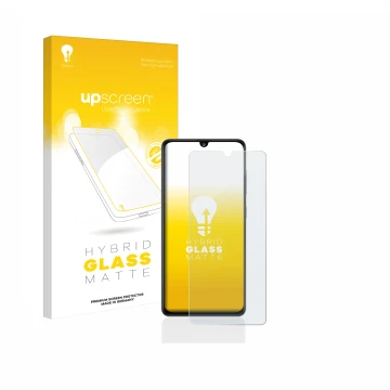 Front side of a product packaging with the brand logo upscreen. Next to it is the device Samsung Galaxy A41 shown with the cor