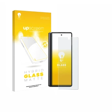 Front side of a product packaging with the brand logo upscreen. Next to it is the device Samsung Galaxy Z Fold 2 5G shown with