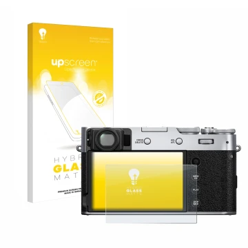 Front side of a product packaging with the brand logo upscreen. Next to it is the device Fujifilm X100V shown with the corresp