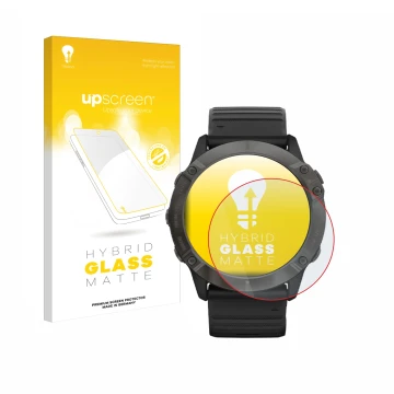 Front side of a product packaging with the brand logo upscreen. Next to it is the device Garmin Fenix 6X Pro Solar shown with 