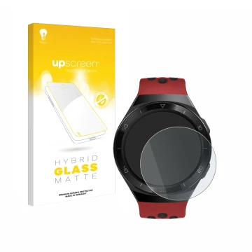 Front side of a product packaging with the brand logo upscreen. Next to it is the device Huawei Watch GT 2e shown with the cor