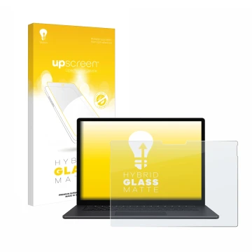 Front side of a product packaging with the brand logo upscreen. Next to it is the device Microsoft Surface Book 3 15