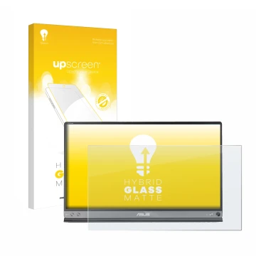 Front side of a product packaging with the brand logo upscreen. Next to it is the device ASUS ZenScreen MB16AC shown with the 