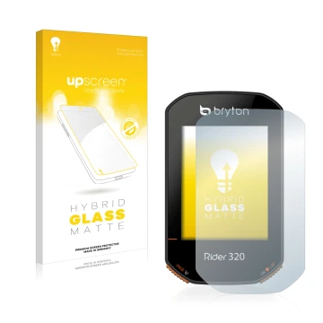 Front side of a product packaging with the brand logo upscreen. Next to it is the device Bryton Rider 320 shown with the corre
