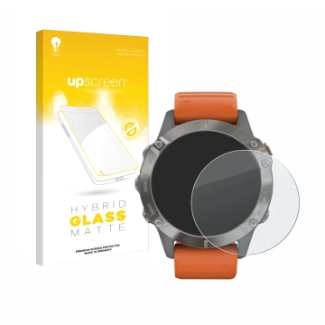 Front side of a product packaging with the brand logo upscreen. Next to it is the device Garmin Fenix 6 Pro Solar shown with t