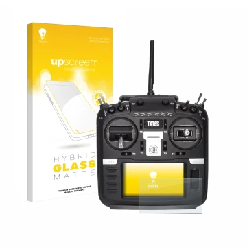 Front side of a product packaging with the brand logo upscreen. Next to it is the device Radiomaster TX16S shown with the corr