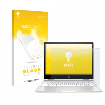 Front side of a product packaging with the brand logo upscreen. Next to it is the device HP Chromebook x360 12b-ca0005nf shown