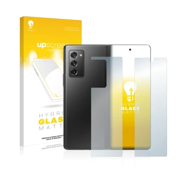 Front side of a product packaging with the brand logo upscreen. Next to it is the device Samsung Galaxy Z Fold 2 5G (Front+Bac