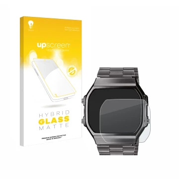 Front side of a product packaging with the brand logo upscreen. Next to it is the device Casio A168WEGG-1BEF shown with the co