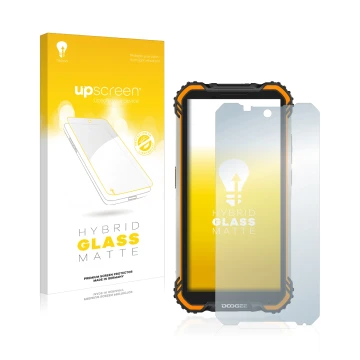 Front side of a product packaging with the brand logo upscreen. Next to it is the device Doogee S58 Pro shown with the corresp