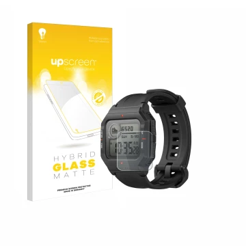 Front side of a product packaging with the brand logo upscreen. Next to it is the device Huami Amazfit Neo shown with the corr