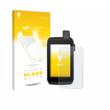 Front side of a product packaging with the brand logo upscreen. Next to it is the device Garmin Montana 700 shown with the cor