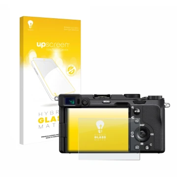 Front side of a product packaging with the brand logo upscreen. Next to it is the device Sony A7C shown with the corresponding