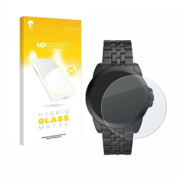 Front side of a product packaging with the brand logo upscreen. Next to it is the device Fossil Gen 5E shown with the correspo