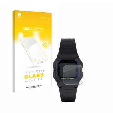 Front side of a product packaging with the brand logo upscreen. Next to it is the device Casio W-800H-1AVES shown with the cor