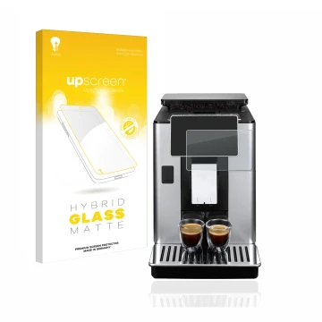 Front side of a product packaging with the brand logo upscreen. Next to it is the device DeLonghi PrimaDonna Soul ECAM610.75.M