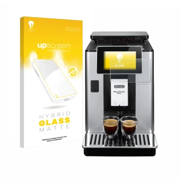 Front side of a product packaging with the brand logo upscreen. Next to it is the device DeLonghi PrimaDonna Soul ECAM610.74.M