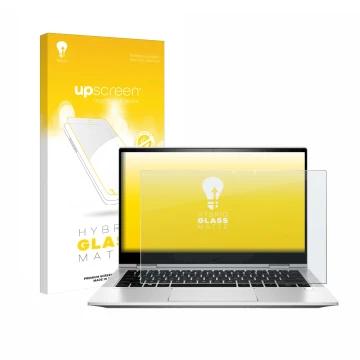 Front side of a product packaging with the brand logo upscreen. Next to it is the device HP EliteBook x360 830 G8 shown with t