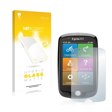 Front side of a product packaging with the brand logo upscreen. Next to it is the device Mio Cyclo 210 shown with the correspo