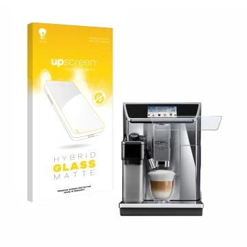 Front side of a product packaging with the brand logo upscreen. Next to it is the device DeLonghi PrimaDonna Elite Experience 