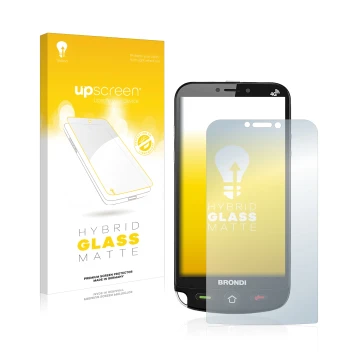 Front side of a product packaging with the brand logo upscreen. Next to it is the device Brondi Amico Dual Sim shown with the 