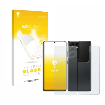 Front side of a product packaging with the brand logo upscreen. Next to it is the device Samsung Galaxy S21 Ultra 5G (Front+Ba