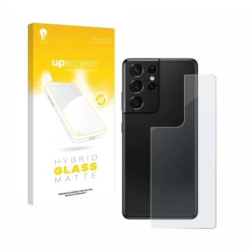 Front side of a product packaging with the brand logo upscreen. Next to it is the device Samsung Galaxy S21 Ultra 5G (Back) sh