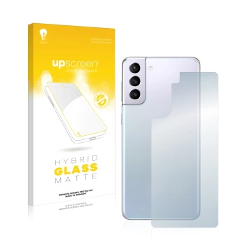 Front side of a product packaging with the brand logo upscreen. Next to it is the device Samsung Galaxy S21 5G (Back) shown wi