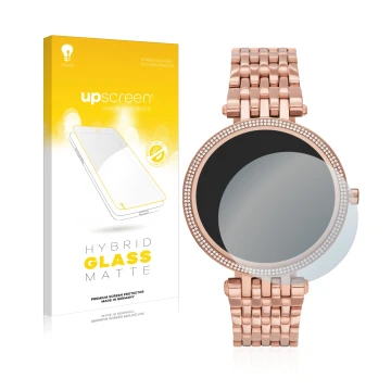 Front side of a product packaging with the brand logo upscreen. Next to it is the device Michael Kors Access Darci Gen 5E show