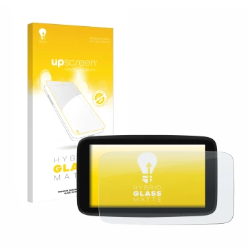 Front side of a product packaging with the brand logo upscreen. Next to it is the device TomTom GO Discover 7