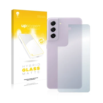 Front side of a product packaging with the brand logo upscreen. Next to it is the device Samsung Galaxy S21 FE 5G (Back) shown