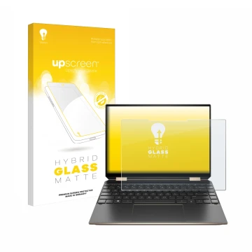 Front side of a product packaging with the brand logo upscreen. Next to it is the device HP Spectre x360 (14-eX) 2021 shown wi