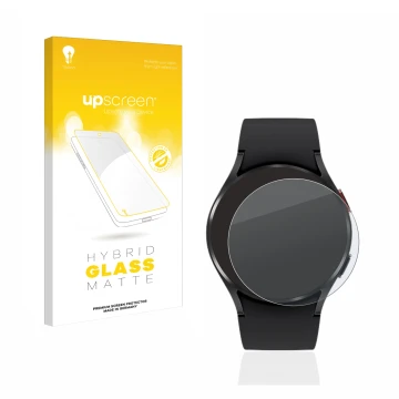 Front side of a product packaging with the brand logo upscreen. Next to it is the device Samsung Galaxy Watch 4 (40mm) shown w