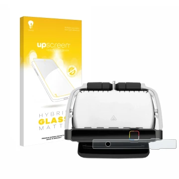 Front side of a product packaging with the brand logo upscreen. Next to it is the device Tefal OptiGrill Elite shown with the 