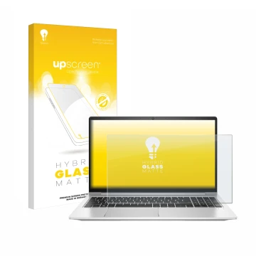 Front side of a product packaging with the brand logo upscreen. Next to it is the device HP ProBook 450 G8 shown with the corr