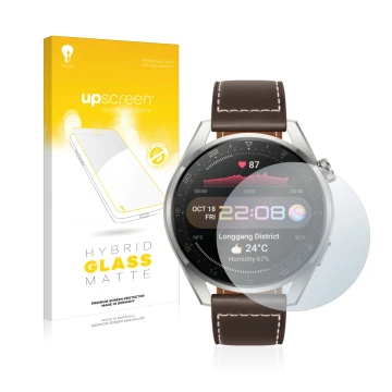 Front side of a product packaging with the brand logo upscreen. Next to it is the device Huawei Watch 3 Pro shown with the cor
