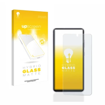 Front side of a product packaging with the brand logo upscreen. Next to it is the device Samsung Galaxy S21 FE 5G shown with t