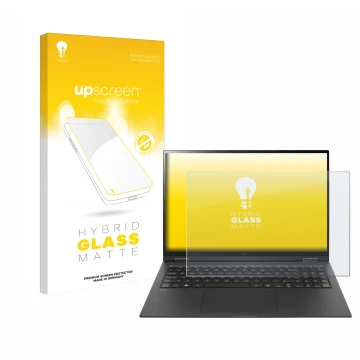 Front side of a product packaging with the brand logo upscreen. Next to it is the device LG gram 16'' 2-in-1 Touch shown with 