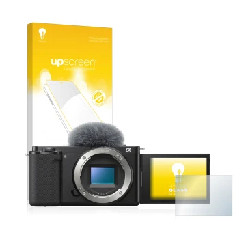 Front side of a product packaging with the brand logo upscreen. Next to it is the device Sony Alpha ZV-E10 shown with the corr