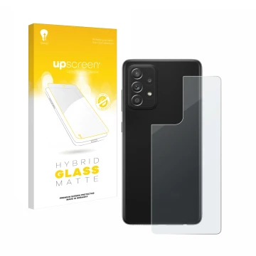 Front side of a product packaging with the brand logo upscreen. Next to it is the device Samsung Galaxy A52s 5G (Back) shown w