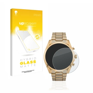 Front side of a product packaging with the brand logo upscreen. Next to it is the device Michael Kors Access Gen 6 Bradshaw sh