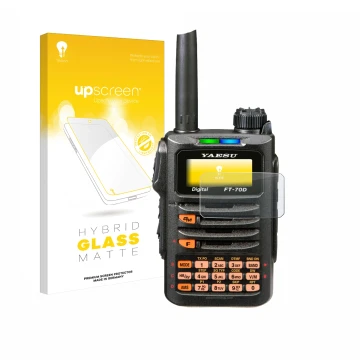Front side of a product packaging with the brand logo upscreen. Next to it is the device Yaesu FT-70DR shown with the correspo