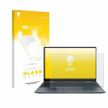 Front side of a product packaging with the brand logo upscreen. Next to it is the device ASUS ZenBook 14 Flip OLED shown with 