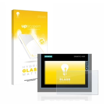 Front side of a product packaging with the brand logo upscreen. Next to it is the device Siemens Simatic HMI TP700 Comfort sho