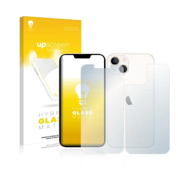 Front side of a product packaging with the brand logo upscreen. Next to it is the device Apple iPhone 13 (Front+Back) shown wi