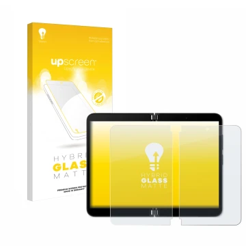 Front side of a product packaging with the brand logo upscreen. Next to it is the device Microsoft Surface Duo 2 (Inner displa