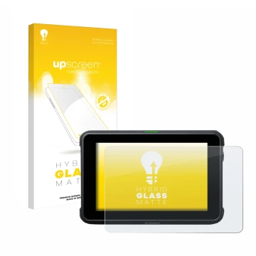 Front side of a product packaging with the brand logo upscreen. Next to it is the device Atomos Shinobi 7 shown with the corre