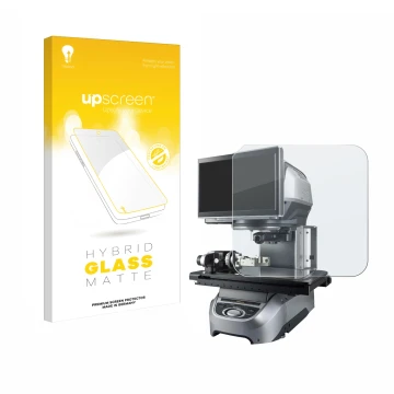 Front side of a product packaging with the brand logo upscreen. Next to it is the device Keyence IM-7020 Glass plate shown wit