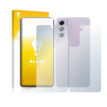 Front side of a product packaging with the brand logo upscreen. Next to it is the device Samsung Galaxy S21 FE 5G (Front+Back)