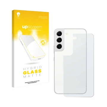 Front side of a product packaging with the brand logo upscreen. Next to it is the device Samsung Galaxy S22 5G (Back) shown wi